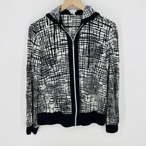 Chico’s Hooded Knit Jacket Size Medium Blue White Lightweight